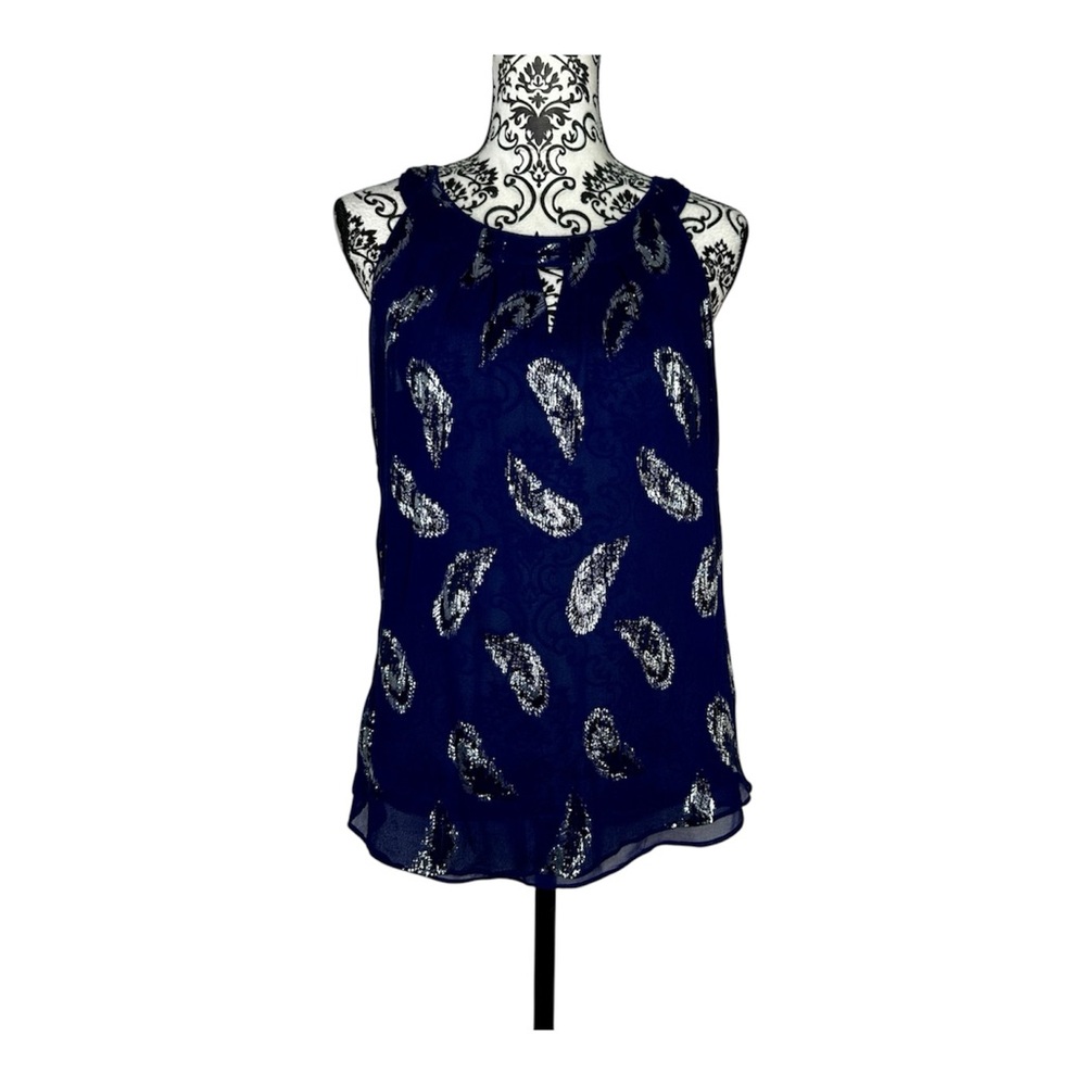 White House Black Market Navy Paisley Sleeveless Blouse Size Large
